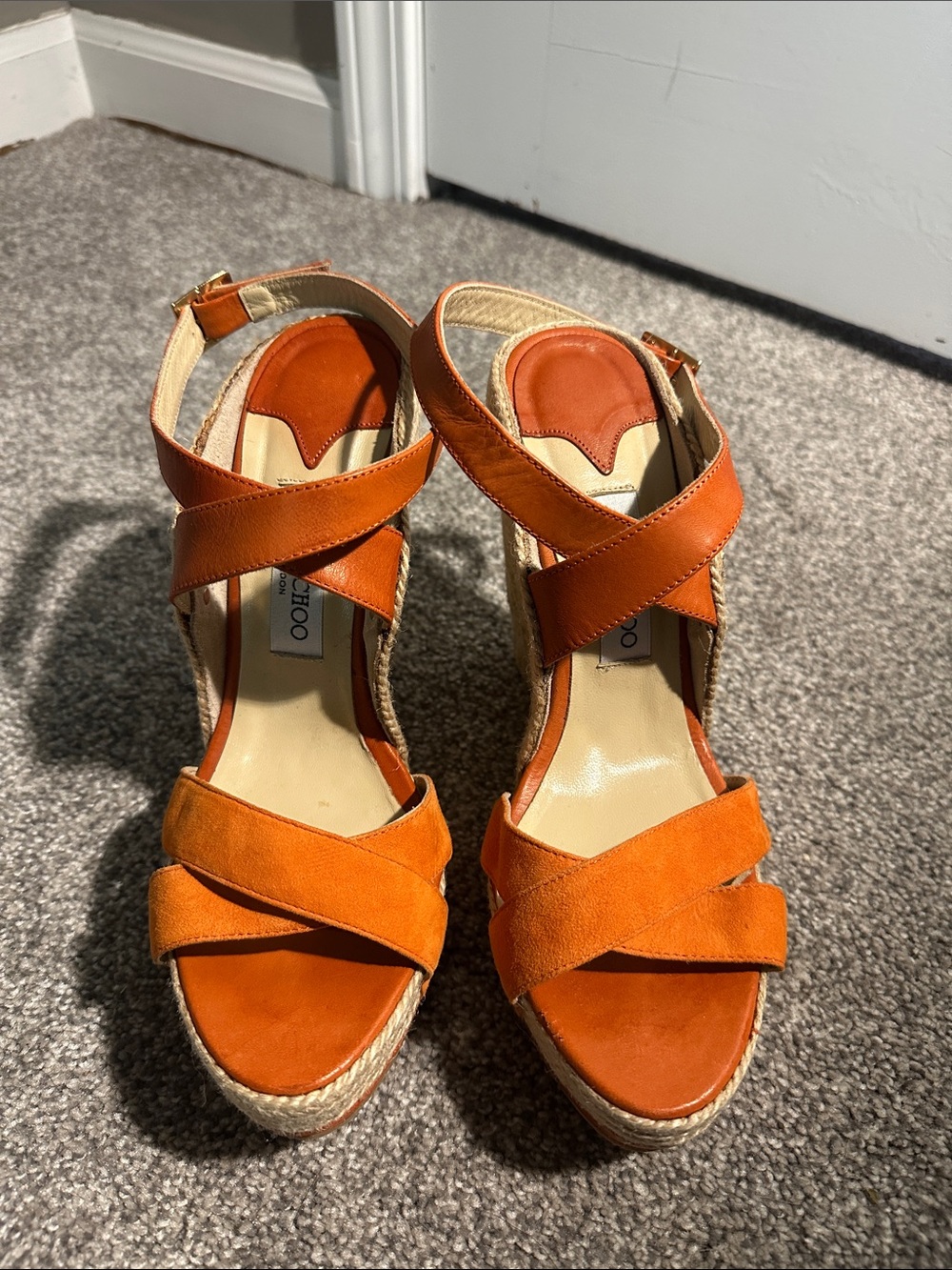 Jimmy Choo Orange Leather & Suede Cross-Espadrille Wedges Size 41 - Brand New